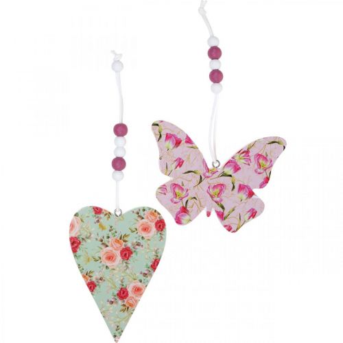 Hanger met bloemenpatroon, hart en vlinder, lentedecoratie om op te hangen H11,5/8,5 cm 4st
