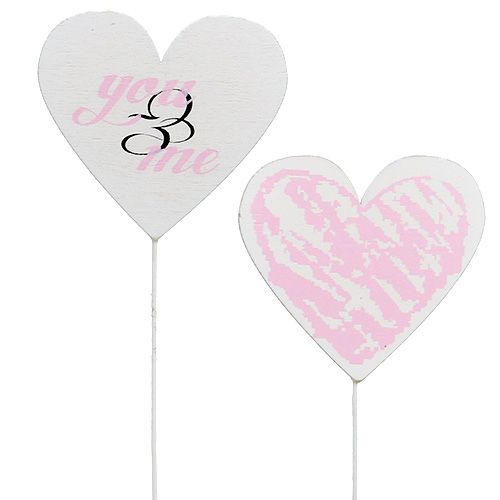 Hart op stok 7cm wit, roze 12 st