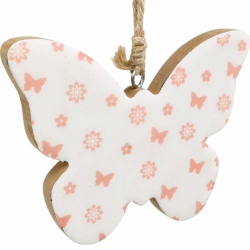Floristik24 Hangdecoratie hart bloem vlinder wit, roze hout lentedecoratie 6st
