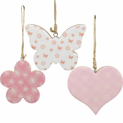 Floristik24 Hangdecoratie hart bloem vlinder wit, roze hout lentedecoratie 6st