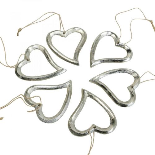 Floristik24 Hart decoratie om op te hangen metalen hart zilver 7,5 x 8,5 cm 6 stuks