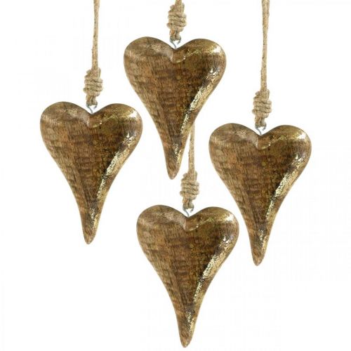 Floristik24 Houten harten met gouden decor, mangohout, decoratieve hangers 10cm × 7cm 8st