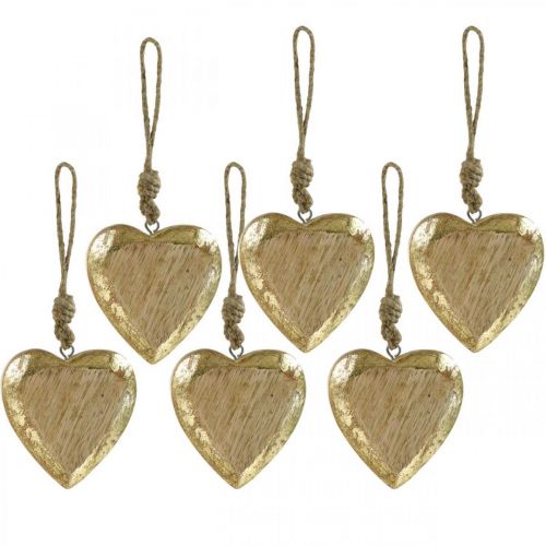 Floristik24 Harten om op te hangen, mangohout, houtdecoratie met goudeffect 8.5cm × 8cm 6st