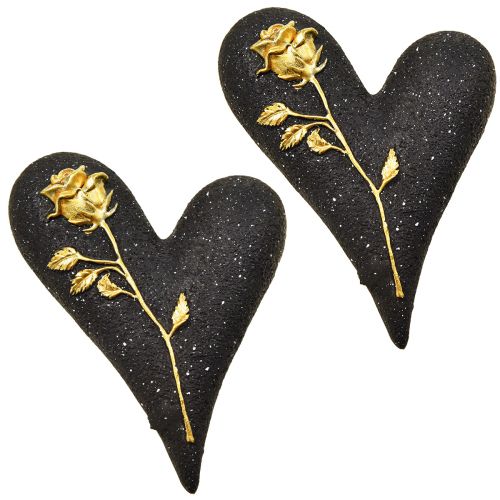 Floristik24 Hart met rosézwartgouden grafdecoratie 14×10×3cm 2 st