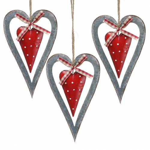 Decoratief hart om op te hangen metaal rood, zilver Ø8,8 H15cm 3st | Floristik24.nl