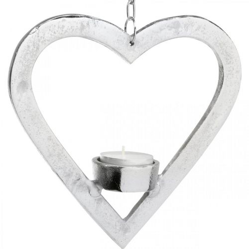 Artikel Theelichthouder in het hart, kaarsdecoratie om op te hangen, bruiloft, adventsdecoratie gemaakt van metaal zilver H17.5cm