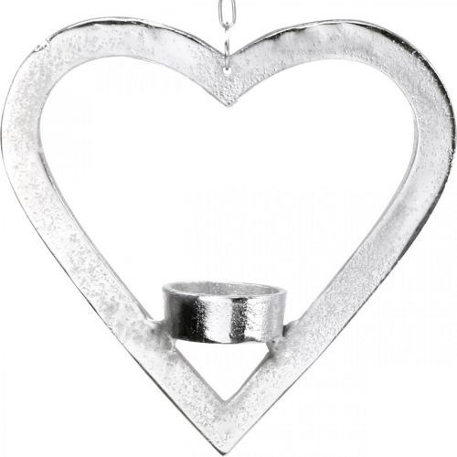 Theelichthouder in het hart, kaarsdecoratie om op te hangen, bruiloft, adventsdecoratie gemaakt van metaal zilver H17.5cm