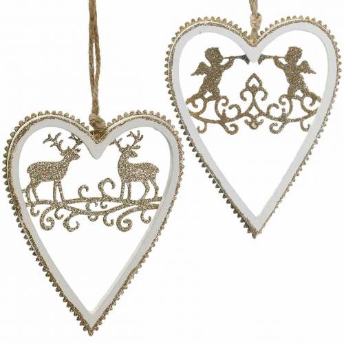 Floristik24 Hartjes om op te hangen met inleg hout, kunststof wit, goudkleurig, Ø9,2cm H12cm 4 st