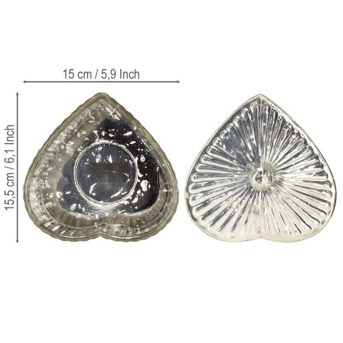 Artikel Hartvormig blik met deksel, glazen blik met hart, champagne, 15,5×15×10cm