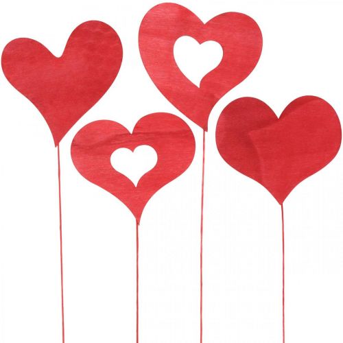 Floristik24 Bloemsteker hart, houten decoratie om op te plakken, Valentijnsdag, rode siersteker, Moederdag L31-33cm 24st
