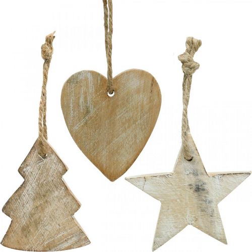 Floristik24 Houten hanger, dennenboom / hart / ster, kerstdecoratieset H7,5/8cm 9 stuks