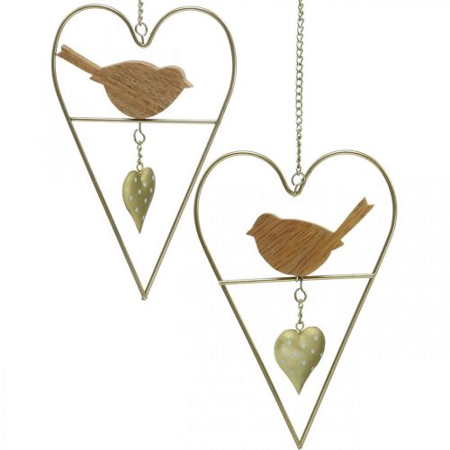 Artikel Decoratieve harten om op te hangen metaal met vogelhout 12×18cm 2st