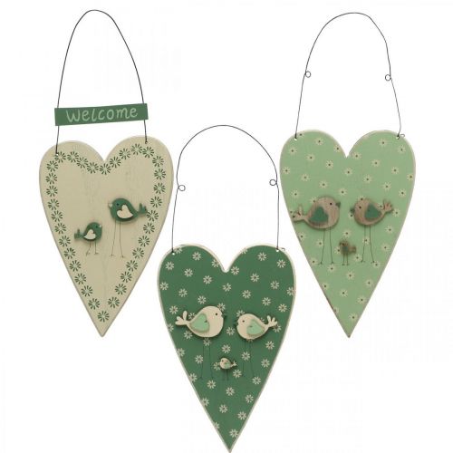 Floristik24 Hart om op te hangen, houten decoratie met vogels, deurdecoratie, lentegroen, geel H22cm set van 3