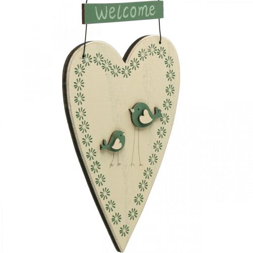 Floristik24 Hart om op te hangen, houten decoratie met vogels, deurdecoratie, lentegroen, geel H22cm set van 3