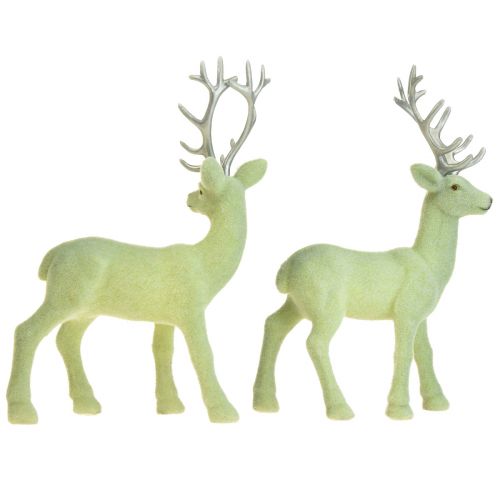 Artikel Hert decoratief rendier groen grijs kalf geflockt 20cm set van 2