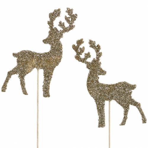 Artikel Decoratieve plug hert glitter goud assorti 8/10cm 18 st