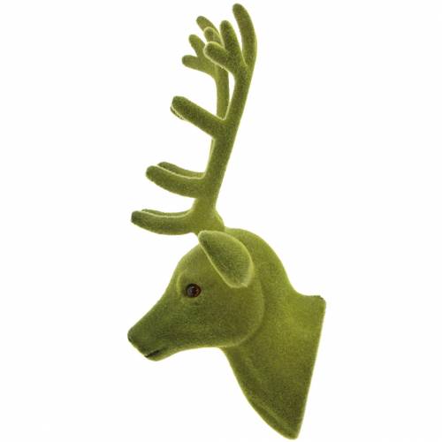 Artikel Decoratieve hertenkop gevlokt mosgroen 10cm x 20cm 3 st