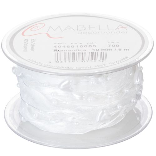 Artikel Organza lint voor bruiloftsdecoratie, wit, 10 mm breed, 5 m lang, met hartjes en parels.