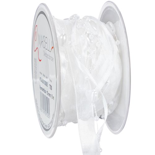 Floristik24 Organza lint voor bruiloftsdecoratie, wit, 10 mm breed, 5 m lang, met hartjes en parels.