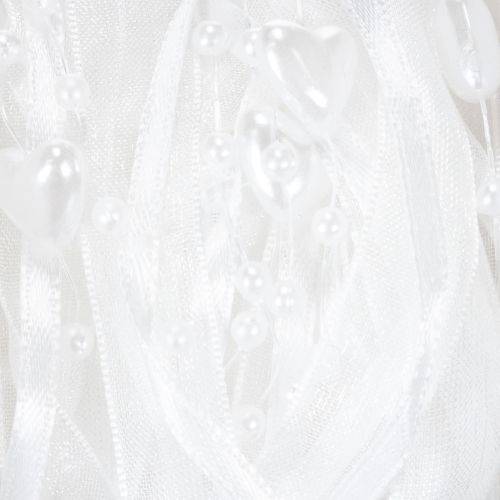 Artikel Organza lint voor bruiloftsdecoratie, wit, 10 mm breed, 5 m lang, met hartjes en parels.