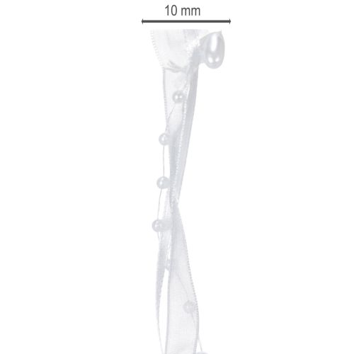 Artikel Organza lint voor bruiloftsdecoratie, wit, 10 mm breed, 5 m lang, met hartjes en parels.