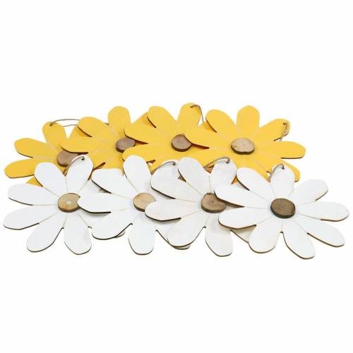 Floristik24 Houten bloemen om op te hangen, lentedecoratie, houten bloemen geel en wit, zomerbloemen 8 stuks