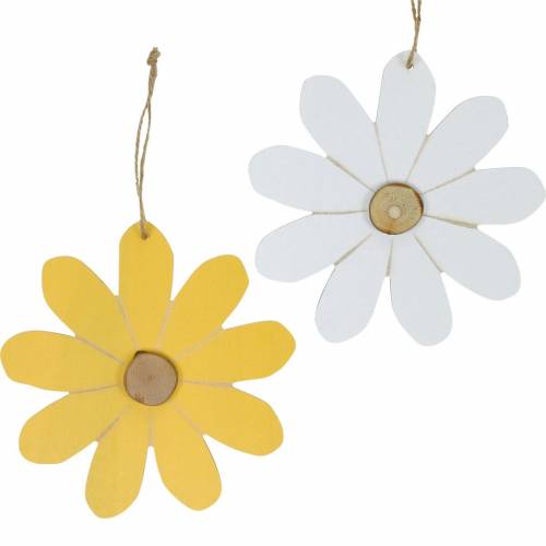 Floristik24 Houten bloemen om op te hangen, lentedecoratie, houten bloemen geel en wit, zomerbloemen 8 stuks