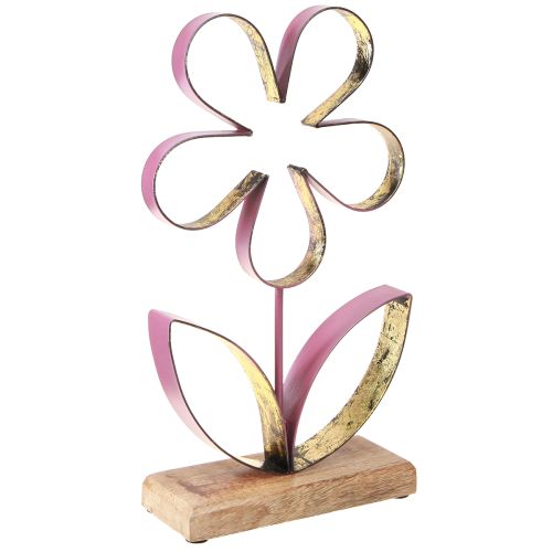 Houten metalen decoratieve bloem op voet oudroze goud H35cm