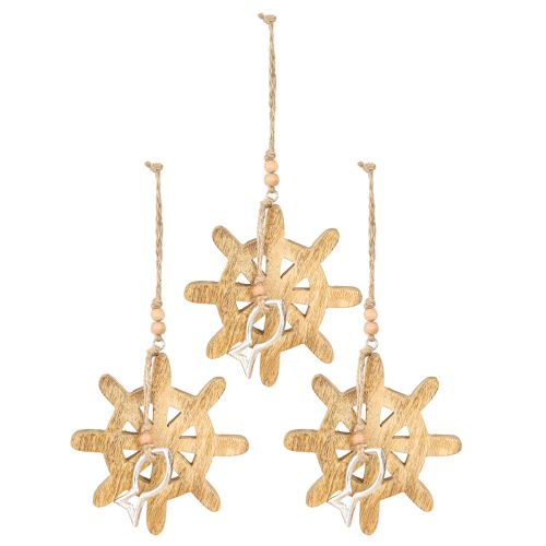 Artikel Houten stuurwiel decoratie metalen vis hanger Ø12cm 3 stuks