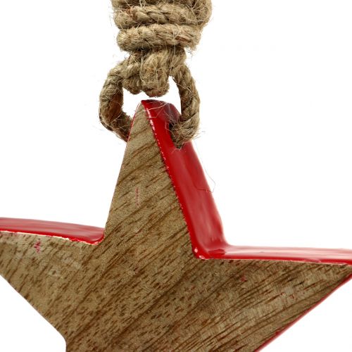 Artikel Houten ster rood, naturel 10cm om op te hangen 1 st