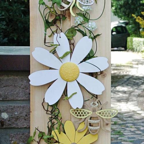 Floristik24 Houten bloesems, zomerdecoratie, madeliefjes geel en wit, decoratiebloemen om op te hangen 4st