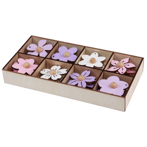 Artikel Houten bloemen hangdecoratie hout paars, roze, wit 4,5cm 24 st