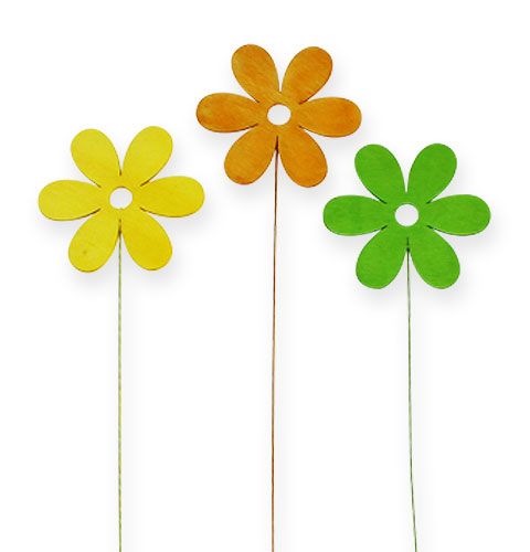 Floristik24 Houten bloem op draad 8cm assorti 3 kleuren 12st