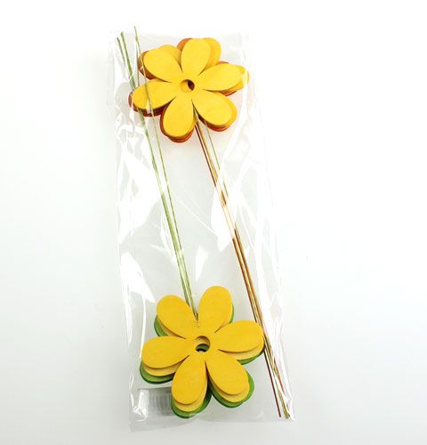 Floristik24 Houten bloem op draad 8cm assorti 3 kleuren 12st