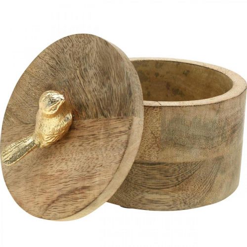 Artikel Sieradendoos met vogel, veer, decodoos van mangohout, echt hout naturel, goudkleurig H11cm Ø12cm