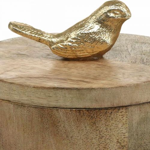 Artikel Sieradendoos met vogel, veer, decodoos van mangohout, echt hout naturel, goudkleurig H11cm Ø12cm