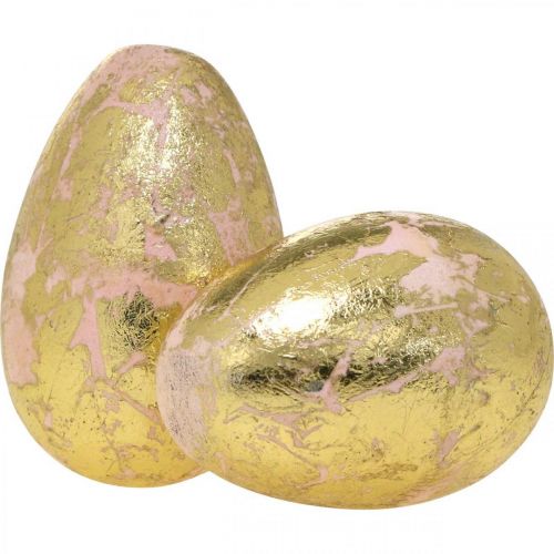 Floristik24 Edelhouten eieren, lentedecoratie, paaseieren in een net roze, goudkleurig H7-7.5cm Ø 4-4.5cm 6st