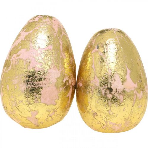 Floristik24 Edelhouten eieren, lentedecoratie, paaseieren in een net roze, goudkleurig H7-7.5cm Ø 4-4.5cm 6st