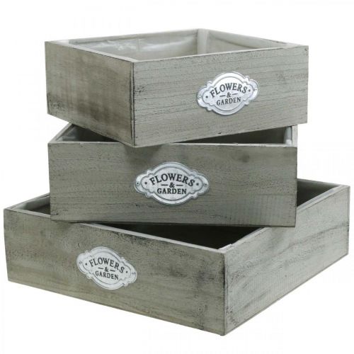 Artikel Plantenbak hout vintage metalen bord grijs 28/33/37cm set van 3