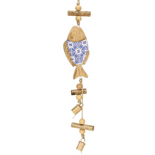 Houten vis om op te hangen bel natuurlijk blauw wit H46cm