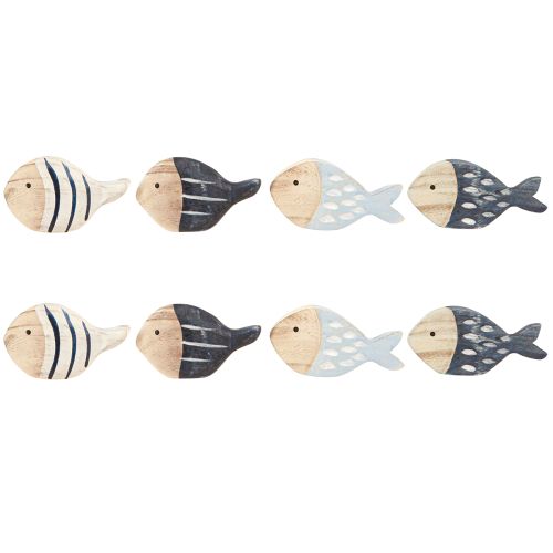 Artikel Houten Vis Maritieme Tafeldecoratie Natuurlijk Blauw Wit 8-9cm 8 st
