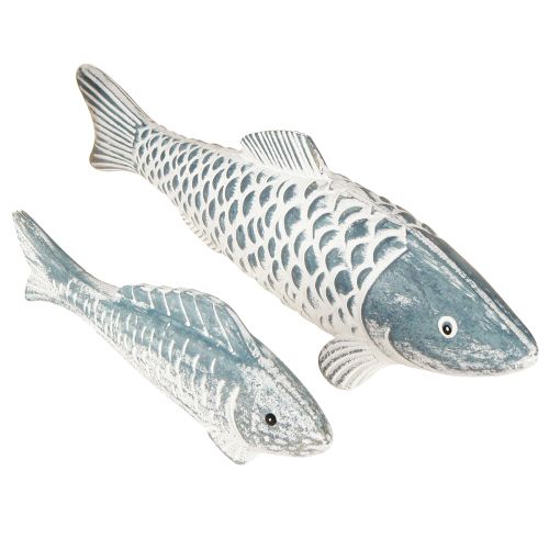 Houten vis in blauw wit houtmeel L23cm/35cm Set van 2