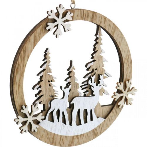 Floristik24 Houten aanhangwagen met hert, bosdiorama, winterdecoratie om op te hangen Ø15cm 4st