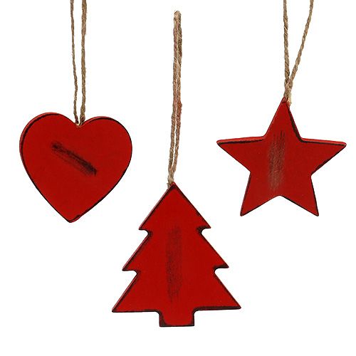 Floristik24 Houten hanger ster, hart, kerstboom rood 6st