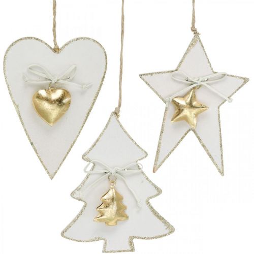 Floristik24 Kersthanger hart / spar / ster, houtdecoratie, boomdecoratie met belletjes wit, goud H14.5 / 14 / 15.5cm 3st