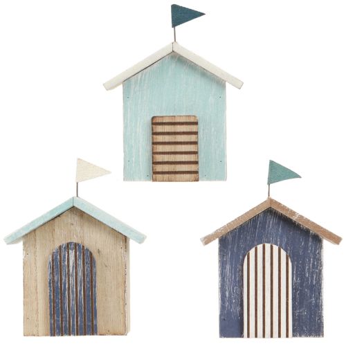 Artikel Houten huis strandhuis decoratie naturel blauw H9,5cm 3 st