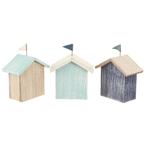 Artikel Houten huis strandhuis decoratie naturel blauw H9,5cm 3 st