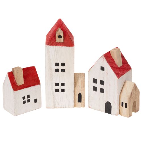 Decoratieve houten huisjesset, rood en wit, meerdelige winterdecoratie, 13 cm, 6 stuks