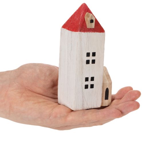 Decoratieve houten huisjesset, rood en wit, meerdelige winterdecoratie, 13 cm, 6 stuks | Floristik24.nl