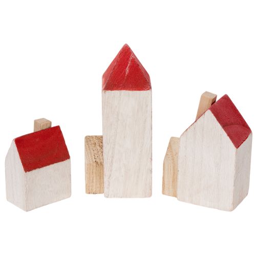 Decoratieve houten huisjesset, rood en wit, meerdelige winterdecoratie, 13 cm, 6 stuks | Floristik24.nl